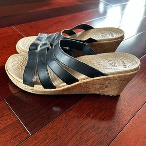CROCS Women's Black Leather A-Leigh Cork Wedge Sandals - size 10W -  3 inch heel